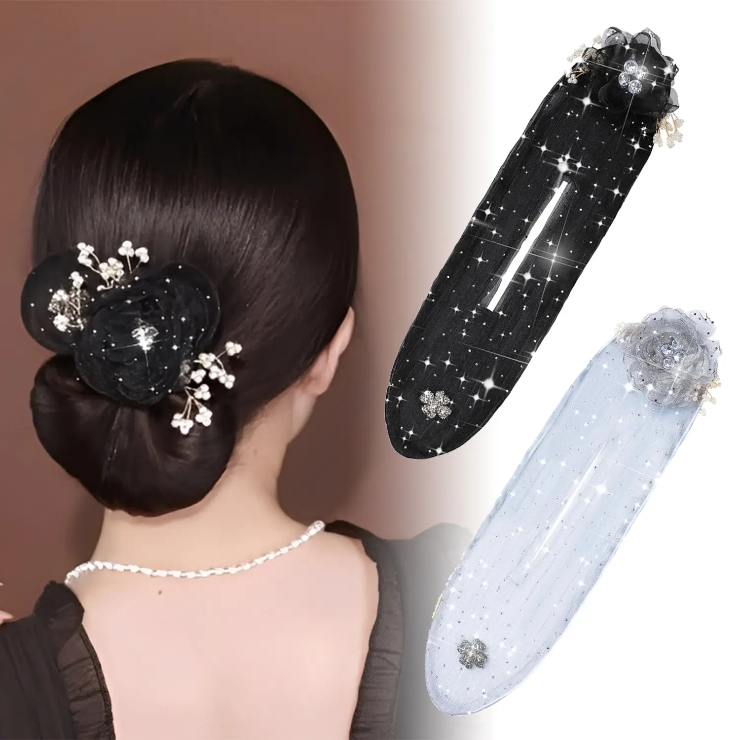 Women's 2-Pack Hand-Embroidered Floral Hair Accessory Set, Sparkly Bun Roller & Cute Hair Clips, Fashion Floral Hairbands, Hair Styling Accessories