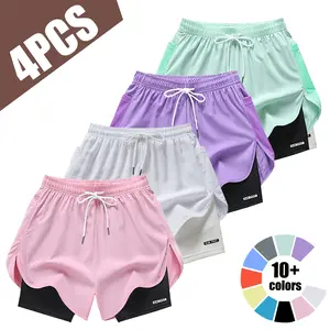 Women’s summer casual athletic shorts set (4 pieces), featuring a two-layer stacked design, suitable for running and leisure activities.