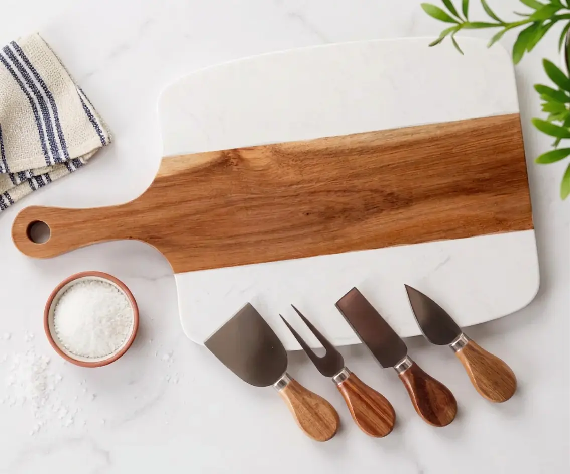USA Free Freight Housewarming Gifts marble sand wood charcuterie cheese board set with cheese knives for laser engrave blanks