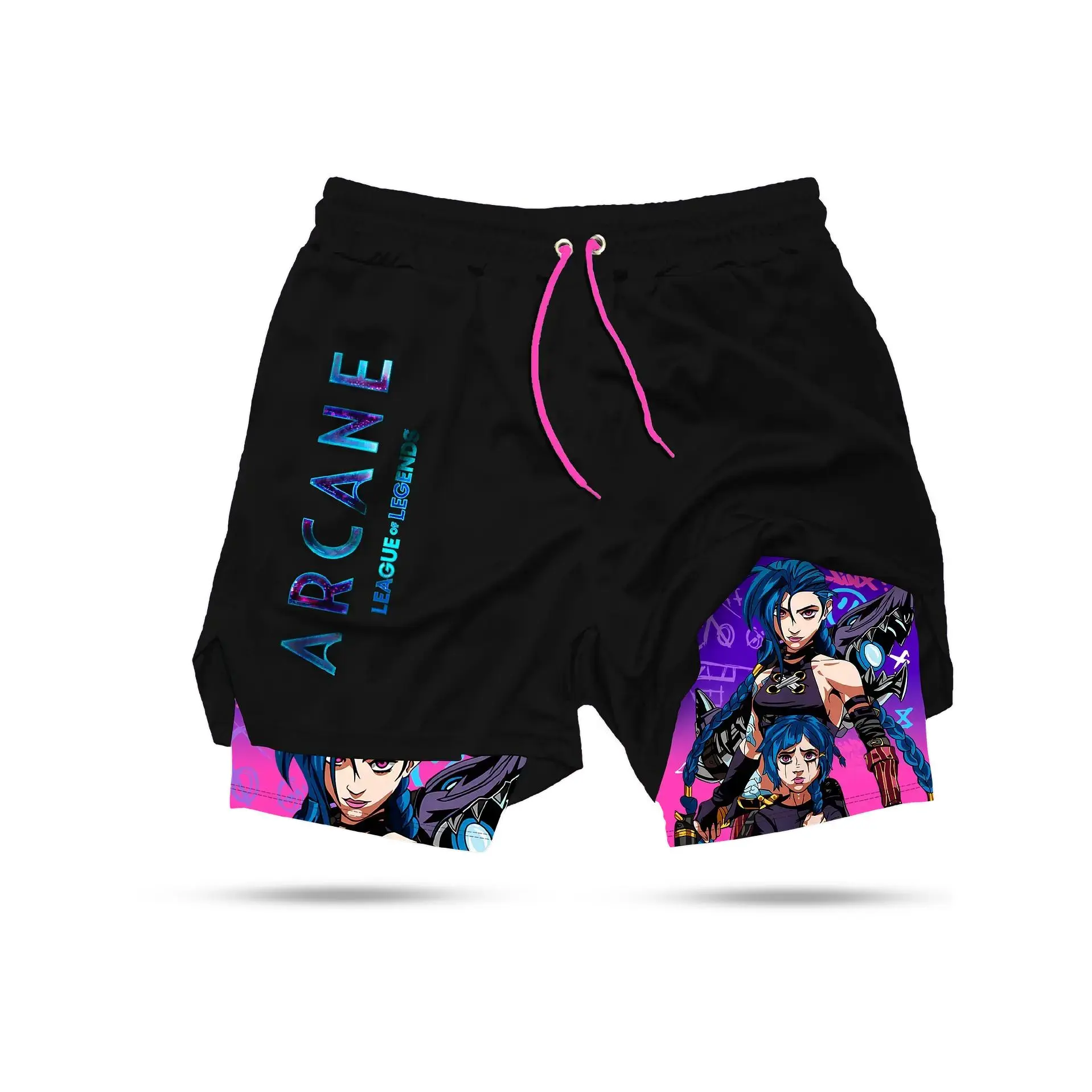 Jinx Arcane Shorts Men's 2-in-1 Anime Graphic Fitness Shorts,Quick-dry, Drawstring, Mesh Athletic Running Shorts with Built-in Liner, Gift for Anime Fans