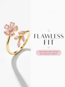 Dainty Gold Plated Pink Flower Ring, Romantic Adjustable Open Ring  Elegant Pink Zircon Flower Ring, Gold Plated Stackable Promise Ring