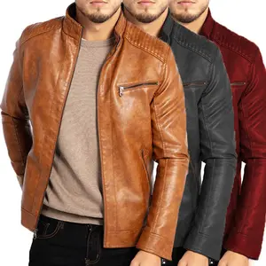 Men's PU Leather Jacket for Teenagers, Stand Collar Punk Style Motorcycle Leather Jacket