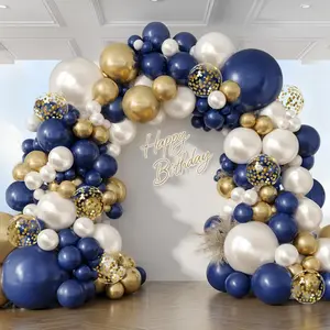 Navy Blue Gold White Balloons Arch Kit -129pcs Double Stuffed Royal Blue Chrome Gold Pearl Sand White Confetti Balloons Garland for Graduation Fathers Day Birthday New Year Wedding Party Decorations