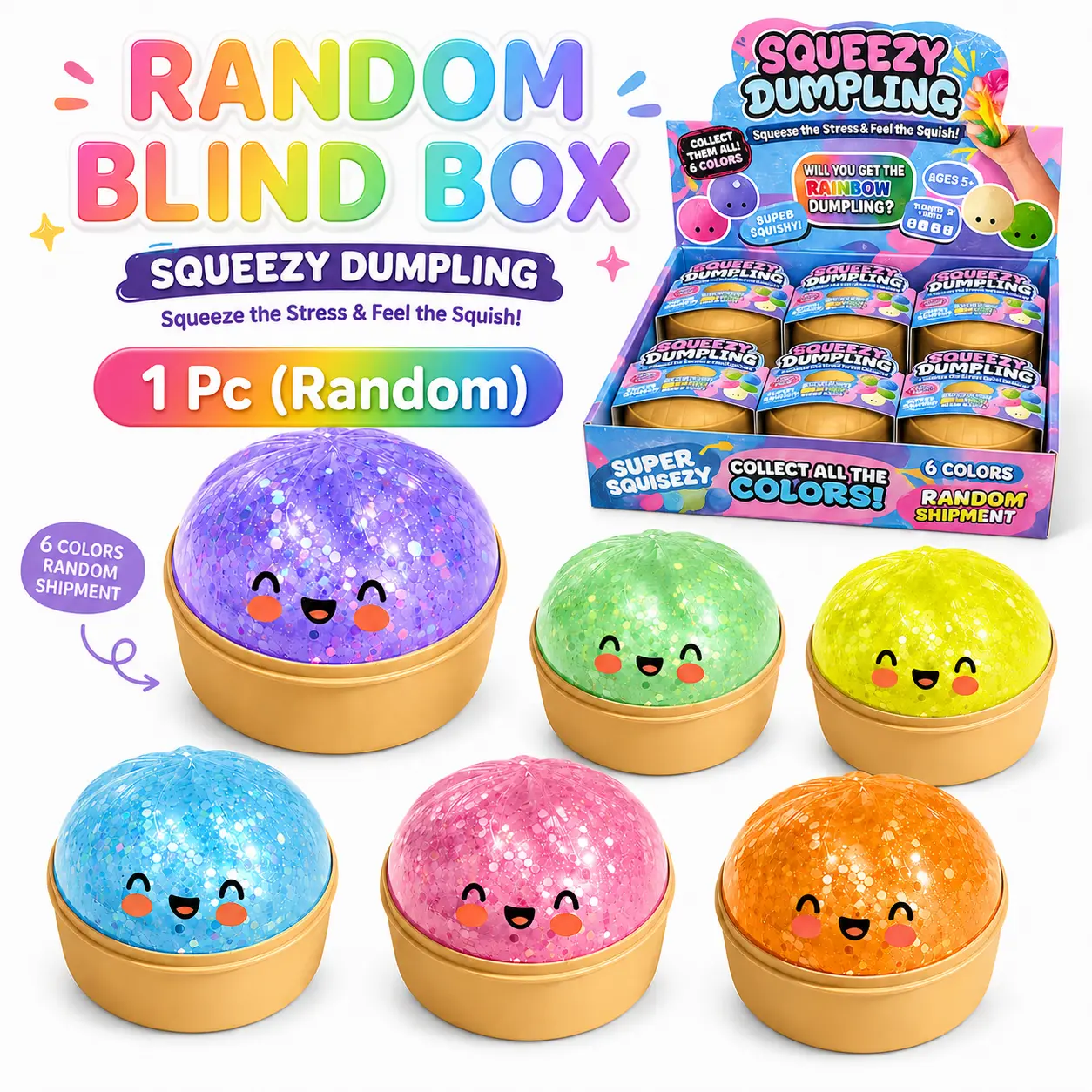 [Blind Box Game - 1PC] 2026 Glitter Dumpling Squishy with Steamer Box, Soft Sensory Fidget Steamed Bun Squeeze Tool for Adult Stress & Anxiety Relief, for Home Office Party