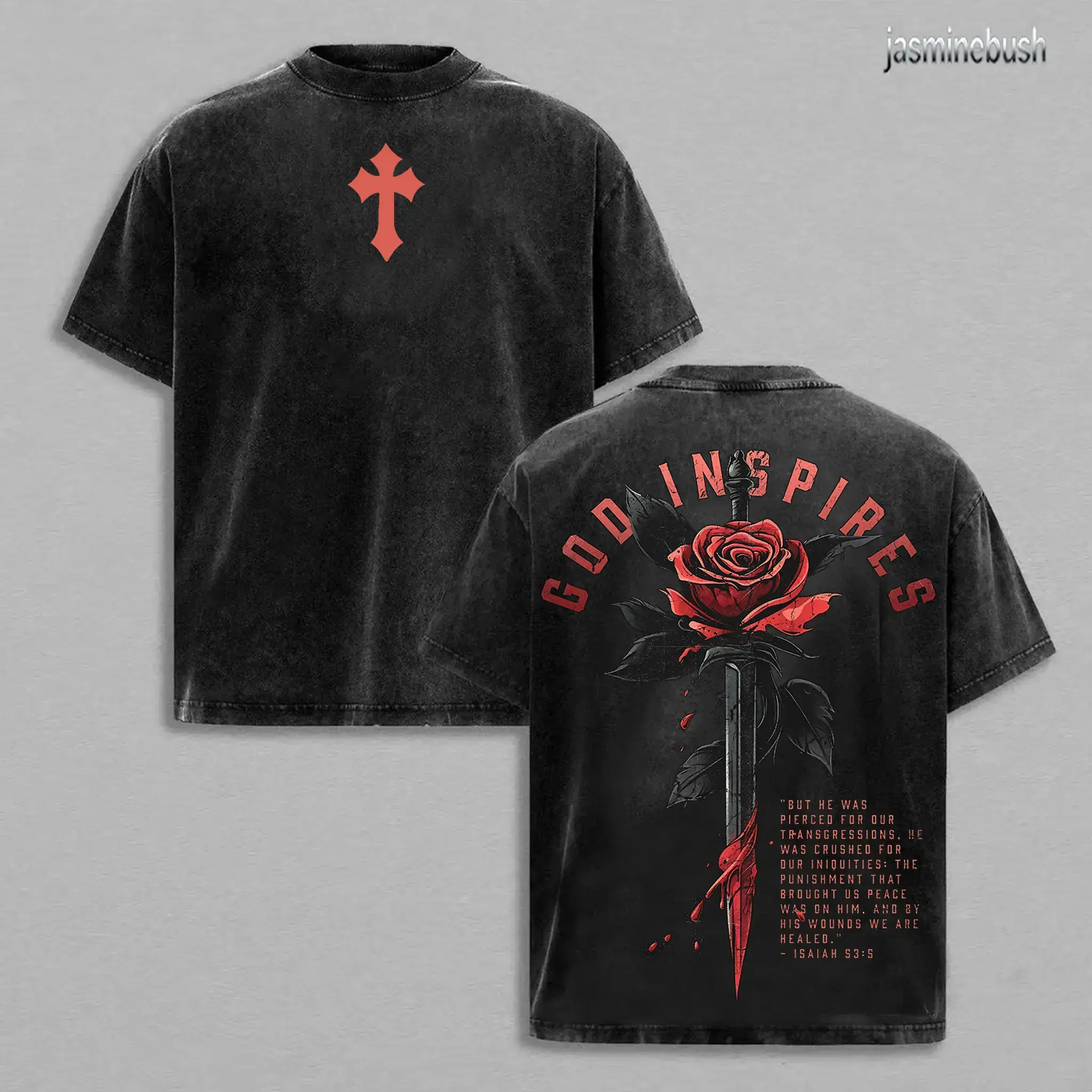 Men's Seamless Round Neck Casual Breathable Cotton Menswear Short-Sleeve T-Shirt - God-Inspired Rose Sword Graphic, Isaiah 53:5 Bible Verse, Washed Vintage Faith Streetwear, Religious Gift for Believers