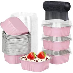 Mini Cake Pans with Lids and Spoons,10oz Disposable Small Foil Baking Tins,40 Pack Individual Cake Containers for Home Bakers Bake Sales-Pink,4x4 Square
