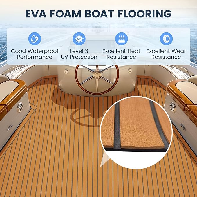 Boat Flooring EVA Foam Boat Decking Faux Teak Marine Flooring Boat Sea Deck Flooring for Yacht, Motorboat, RV, Kayak and Swimming Pool Outdoorfun Easy Customized Cutting