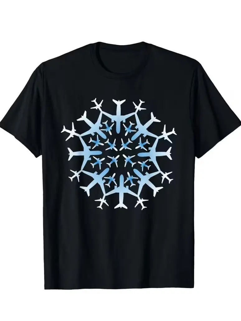 Men's Aviation-Themed T-Shirt - Black with Airplane & Snowflake Pilot Design