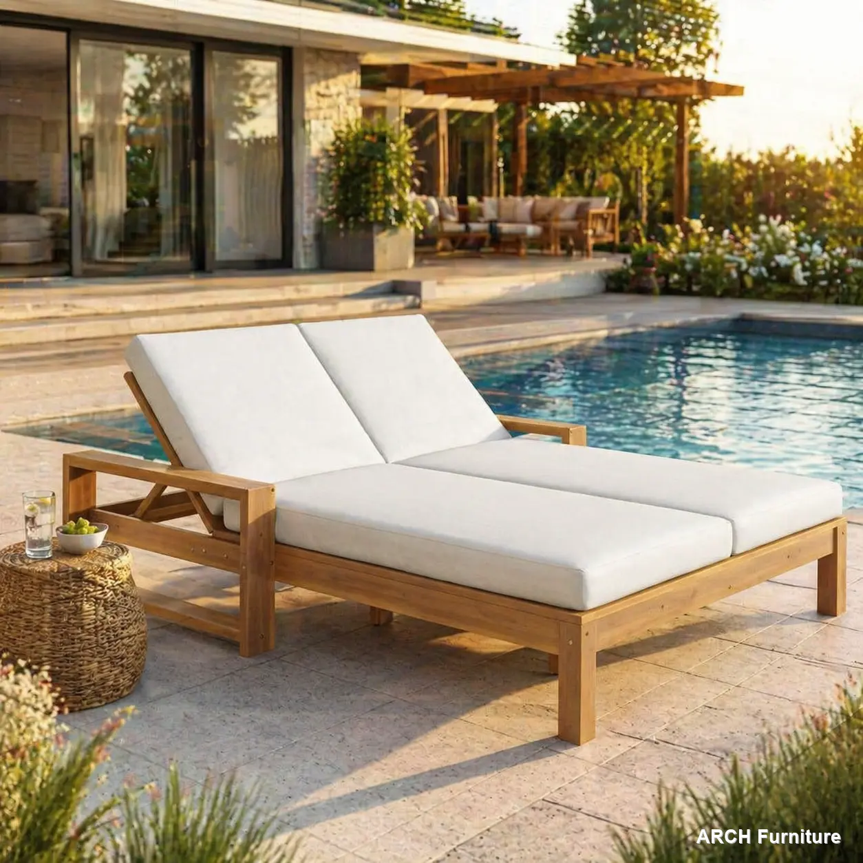 Couples 2-Seat Acacia Wood Outdoor Double Lounge Chaise Chair - ARCH TREXM Sunlounger, 5-Position Adjustable Backs, Integrated Armrests, Removable Waterproof Foam Cushions, 800 lbs Capacity, 81.13 lbs Weight, Backyard Pool Use (Light Teak+Beige Cushion)