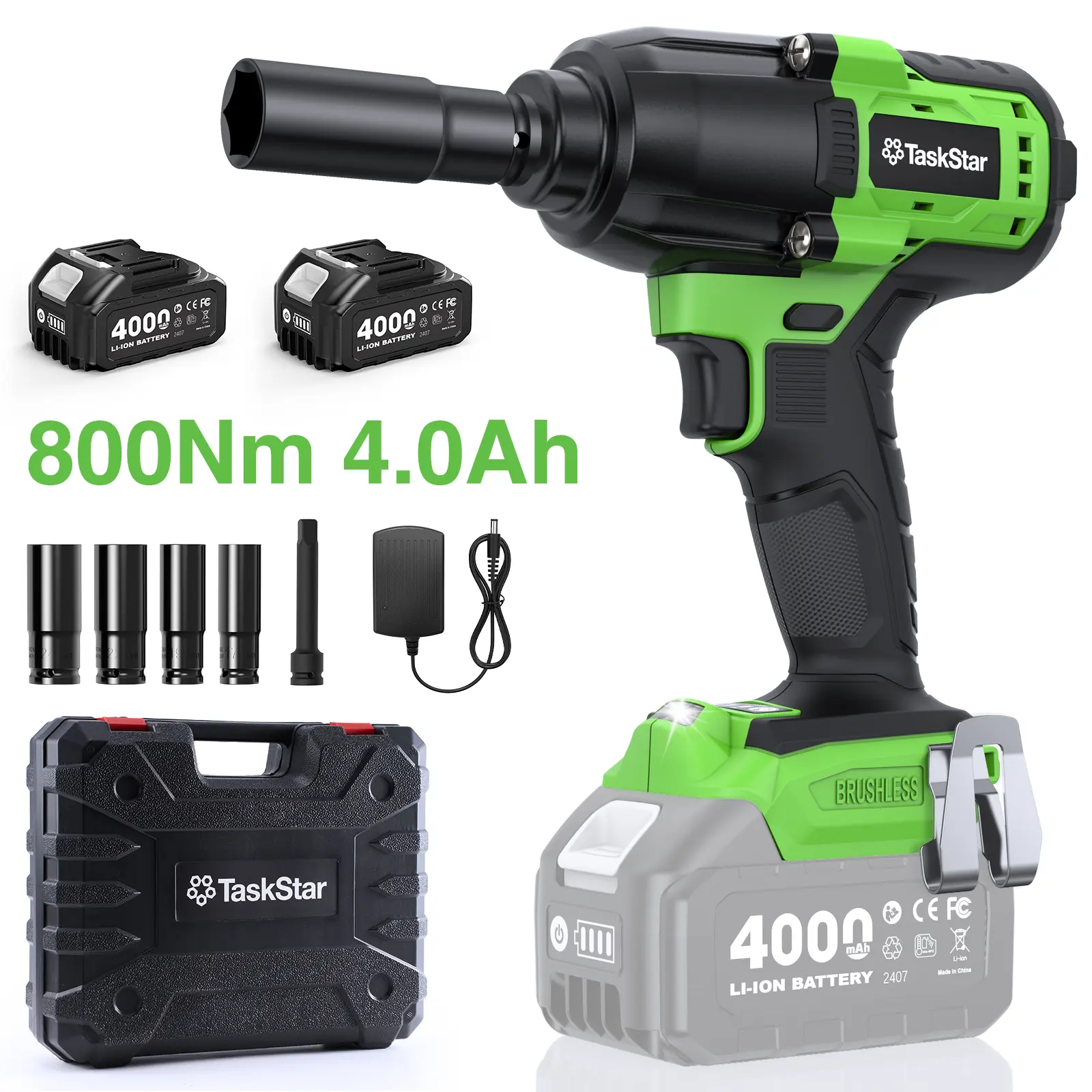 Taskstar 800N.M (738Ft-Lbs) 1/2'' Cordless Impact Wrench - Brushless High Torque Impact For Vehicles, Heavy-Duty Fastening And Auto Repair, Comes With 2X 4.0Ah Batteries, Quick Charger, 5 Sockets, And Storage Case