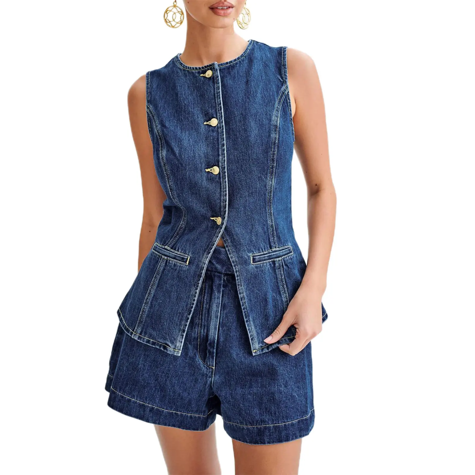 Women's Blue Denim Long Vest Tops Ladies Female Button-up Back Slit Sleeveless Pocket Round Neck Waistcoat Womenswear Streetwear