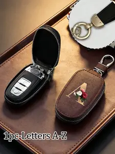 Zipper Key Pouch - Stylish Red Floral with Gold Letters (A-Y), PU Leather Storage Bag, Car Key Holder, Suitable for Car, Home, and Office Keys - Ideal Choice for Valentine’s Day, Graduation, Teacher’s Day - Unisex Design, Travel Accessory