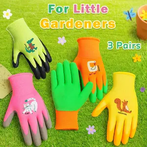 3 Pairs Kids Gardening Gloves Age 3-10, Cute Animal Motifs in Pink, Yellow, Green & Orange, Non-Slip Rubber Coated Grip, Soft & Breathable Gloves for Helping Mum & Dad in the Garden, Flower Planting & Outdoor Play