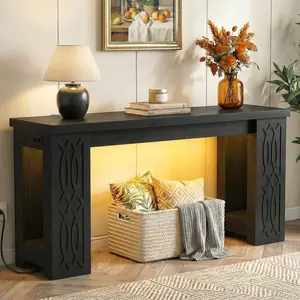 63-Inch Long Farmhouse Wooden Console Sofa Table with Colorful LED Light and Outlet, Unique Carved Design Accent Table for Behind Couch, Entrance Foyer, Hallway, Living Room