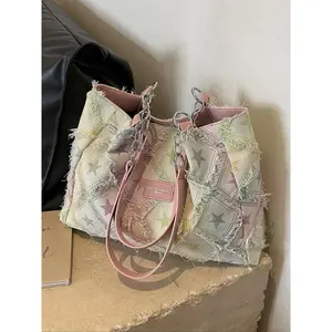 Women's Fashionable Star Pattern Raw Trim Tote Bag, Geometric Pattern Tote, Large Capacity Shoulder Bag, Elegant Commuter Rhombus Bag, High-capacity Denim High-sense Bag, Suitable for Dating, Classes, Shopping