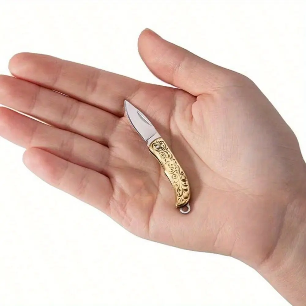 Compact Brass Pocket Folding Knife - Sharp Stainless Steel Blade, Intricate Gold-Colored Handle, Lightweight Keychain Multi Tool for Camping, Outdoor Activities, Outdoor Camping