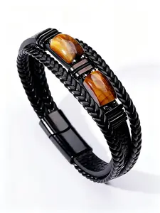 Men's Tiger Eye Stone Braided Leather Bracelet, Multi-Layer Woven Rope Magnetic Clasp Bangle, Natural Gemstone Vintage Jewelry for Men, Perfect Gift for Dad/Boyfriend