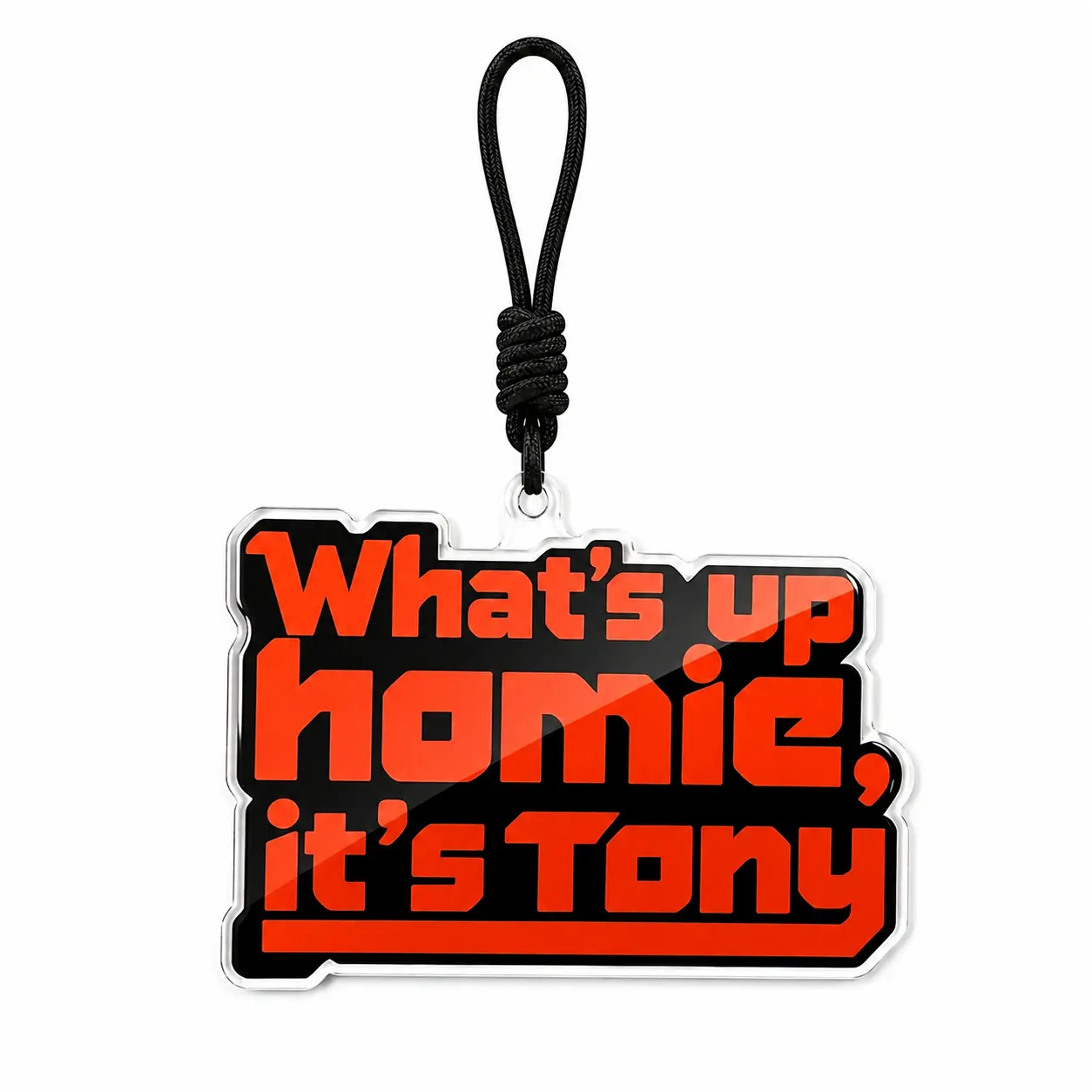 Tony Acrylic-Steel Metal Keychain - Personalized Backpack Charm with Crystal Clarity, Slogan Print, Multi-Size for Fans, Everyday Wear Fashion Accessory (Fits Backpacks, Bags, Keys)