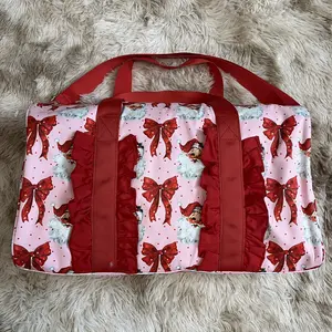 Red ruffle bow santa printed duffel bags Christmas travel bag