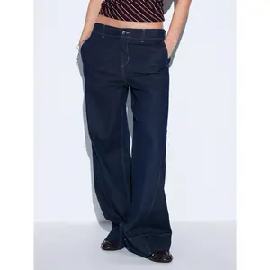 Cider Washed Denim Mid Rise Wide Leg Trousers Oversized Cider Washed Denim Mid Rise Wide Leg Trousers Oversized