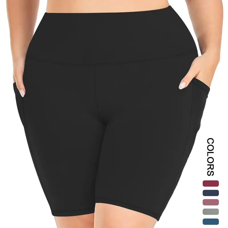 【Plus Size】 Pocket High Waist Short Leggings, Casual High Stretch Seamless Skinny Shorts, Shorts with Pockets, Summer Clothes Women