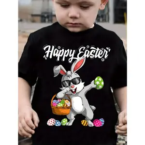 Boys' Easter Graphic Cotton Tee - Casual Crew Neck, Slight Stretch Knit Fabric, Regular Fit, Cartoon Rabbit & Egg Print for Spring/Summer