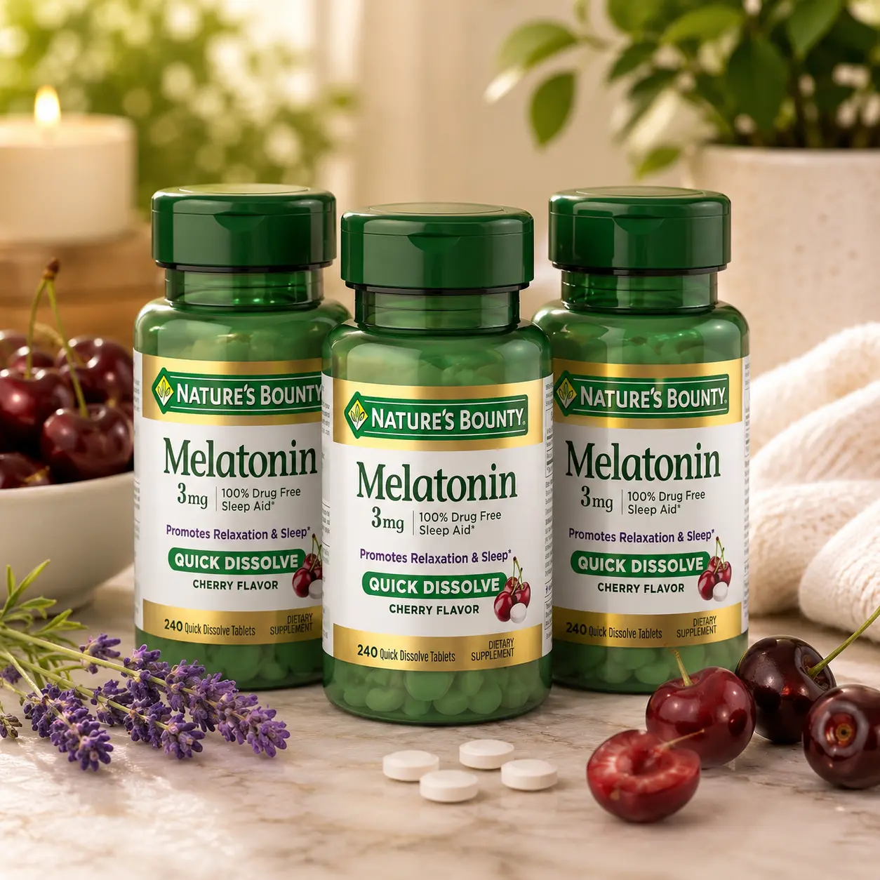 Melatonin 3mg Fast-Acting Quick Dissolve Tablets, Cherry Flavor Nature's Bounty Sleep Support Dietary Supplement for Adults, 240 Count (Pack of 1) for Better Sleep