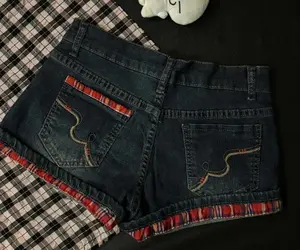 Spicy Girl low-waisted checkered color-blocking tight rolled-up denim super short pants women's chafing hip-hugging hot pants