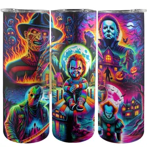 20 oz Horror-Themed Halloween Straight Insulated Cup with Lid and Straw, Stainless Steel Thermos Cup, Seasonal Drinkware, Outdoor Travel Accessories, Best Friend Christmas and Valentine's Day Gift