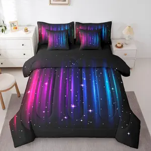 Abstract Ombre 7 Piece Bedding Set,Geometric Striped Comforter Set with Sheets Galaxy Starry Sky Bed in A Bag Purple Red Blue Green Bed Set,with 2 Pillowcases,2 Throw Pillow Covers