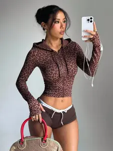 Women's Leopard Print Hooded Zipper Jacket, Perfect for Running, Outdoor Activities, Fitness, Short Sleeve Workout Top, Long Sleeve Zipper Top