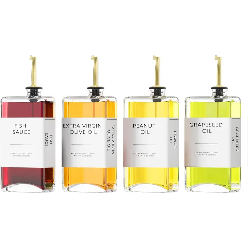 summerwins Aesthetic Gold 4-Pack Reusable Glass Oil Dispenser Set - Cooking Oil Container with Book-Design Utensils, Leak-Proof Easy-Pour Drip-Free Spouts, 4-Pack Convenience, Dishwasher Safe Household Items Home Goods Decor Kitchen Accessories