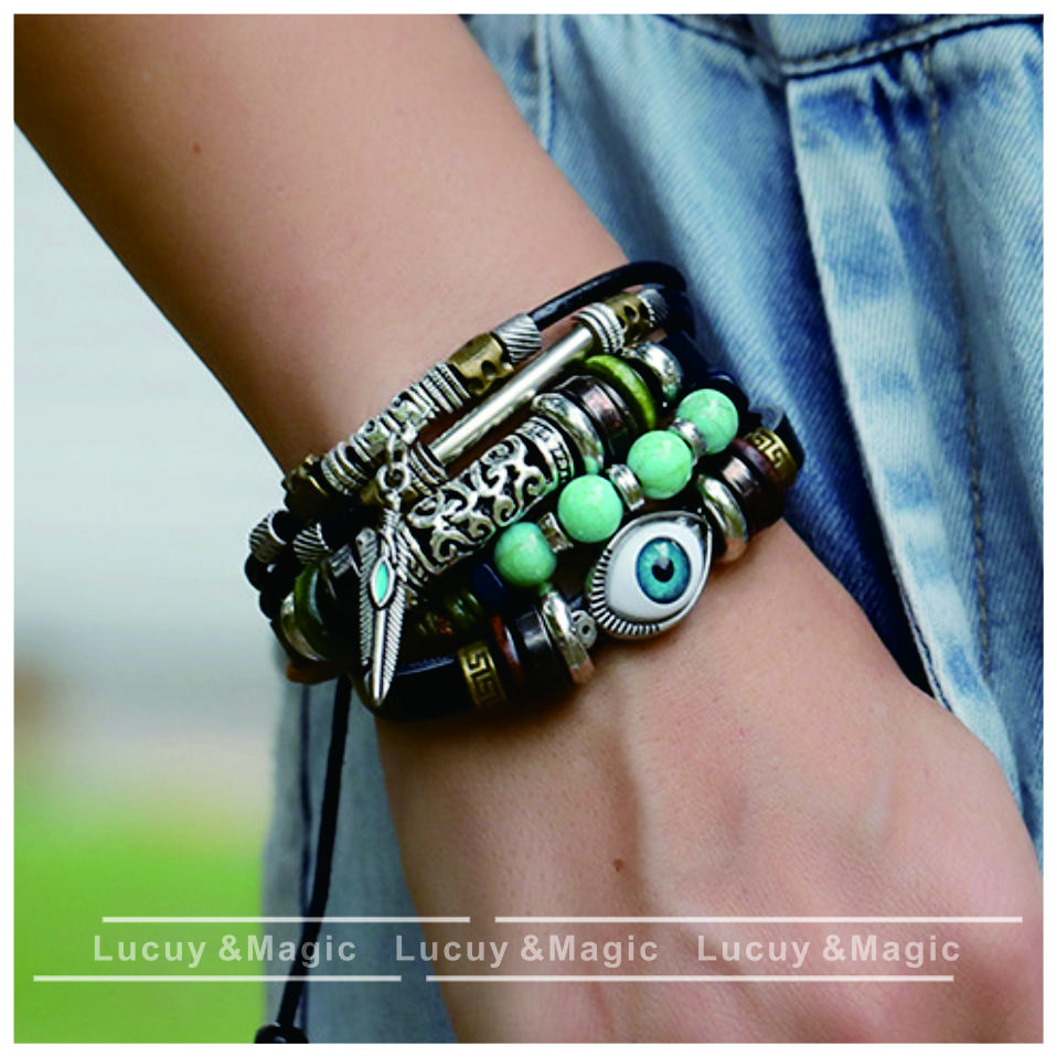 New Blue Eye Beaded Multi Layer Leather Bracelet Vintage Hollow Carved Silver Bangle Wholesale Gift for Mom Birthday Lucky Charm Openwork Jewelry Democratic Square Style Personalized Fashion Modern Accessories