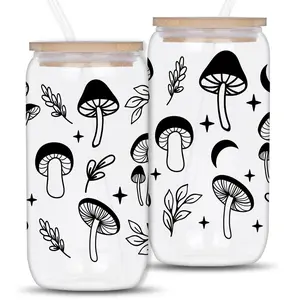 Mushroom Pattern Glass Cup, 16oz/500ML Drinking Glasses with Bamboo Lids & Glass Straw, Gift Mason Cup, Glass Tumbler, Aesthetic Birthday Gifts, Drinkware