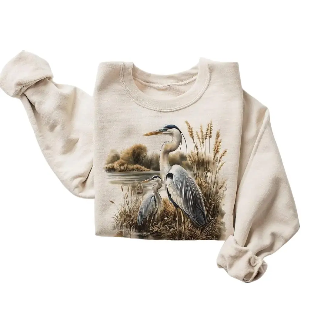 Retro Great Blue Heron Marsh Scene Sweatshirt - 90s Birding Bird Lover Gift - Birds Wildlife Nature Outfit - Boho Unisex Cotton
