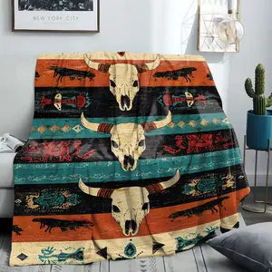 Southwestern Aztec Bull Skull Flannel Blanket - Soft and Comfortable Polyester Fiber, 280gsm All-Season Use, Colorful Digital Print Cactus and Geometric Patterns, Mid-Century Modern Style, Suitable for Bed, Sofa, Office, Camping Decoration, Rustic Home De