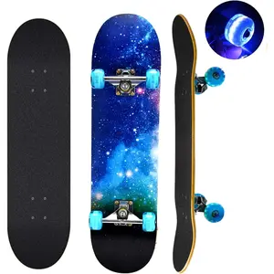 Complete Standard Skateboards with Colorful Flashing Wheels for Beginners Kids Teens Adults, 7 Layer Maple Deck Concave Skateboard