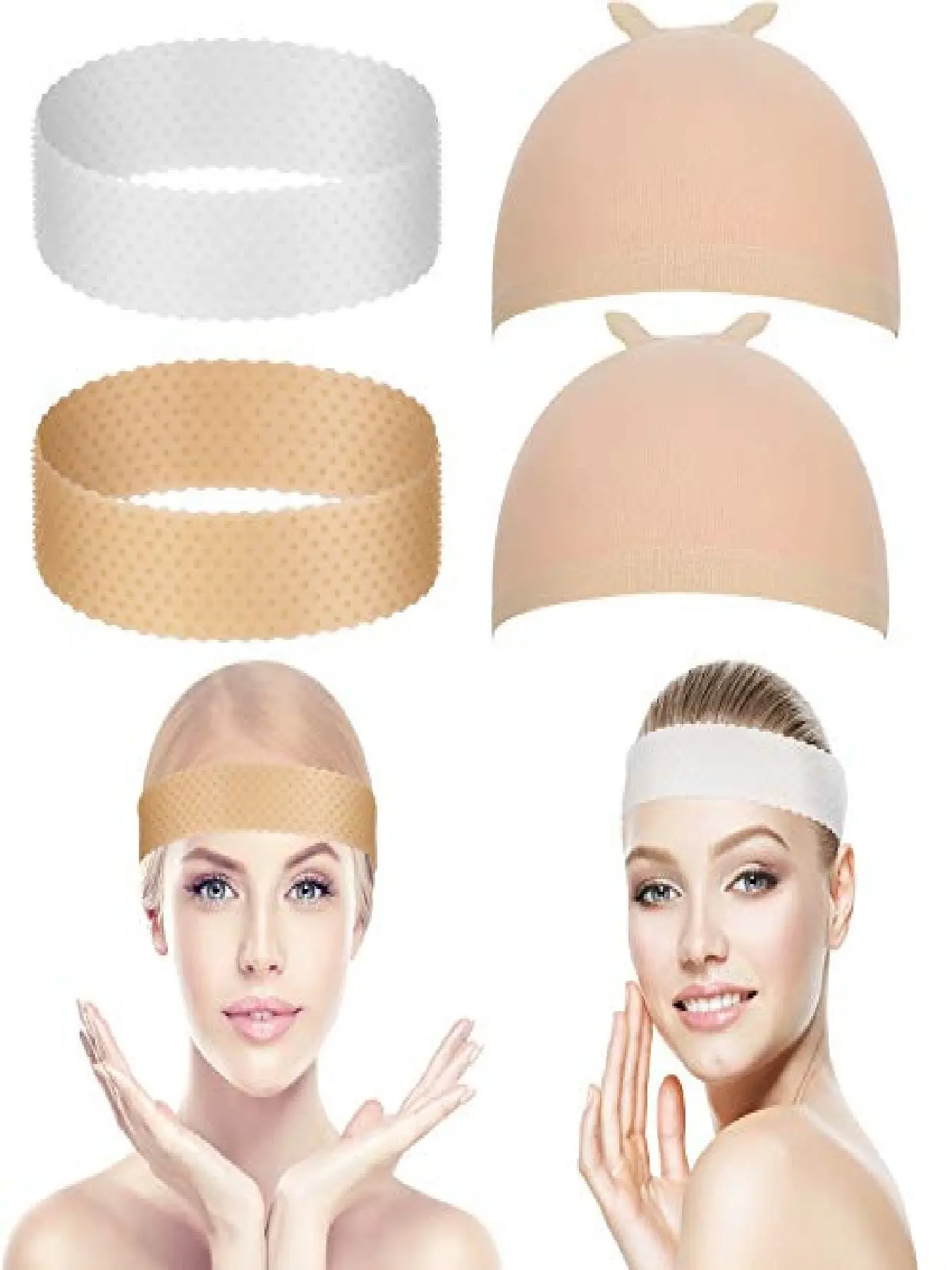 This 3-piece wig accessory set includes 2 silicone headbands (white and skin-tone) and 1 pack (2 pieces) of skin-tone mesh caps, perfect for yoga, everyday wear, and various other occasions, Daily