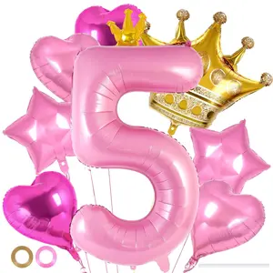 Royal Pink Crown Number 5 Balloon Set 40in Princess Theme Decor for 5th Birthday Party