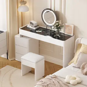 MIDHAM Makeup Vanity Desk with Lighted Mirror 62.2" Dressing Table 5 Drawers Storage Shelves  Lighting Glass Top Cushioned Stool for Bedroom Furniture Organize Led Home Cosmetics