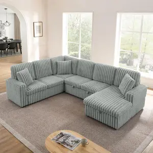 [4 Packages] Niccae Corduroy U-Shaped Sectional Sofa - Chaise Lounge Sofa, 6-Seat Pull-Out Guest Bed, Foam Cushions, Storage, Modern Minimalist Indoor Furniture for Living Room Apartments, Corduroy Sectional Sofa