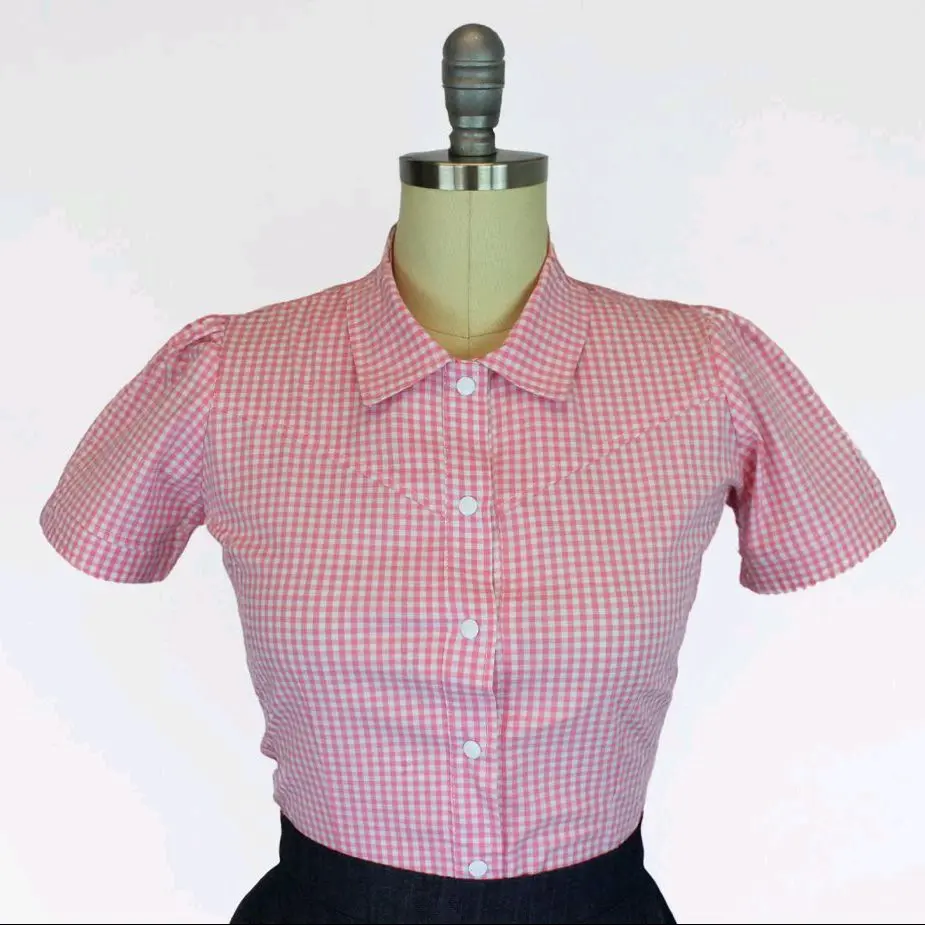 Pink Gingham Vintage Rockabilly Western Country Women Top XS-3XL