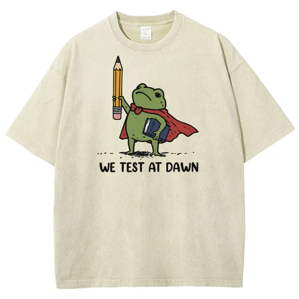 Funny Frog Meme Tshirt, We Test At Dawn Graphic Shortsleeve Top, Vintage Washed Cotton, Unisex Fit Gift for Teachers, Round Neck, Fabric, Casual, T-Shirt, Graphic Print, Meme Shirts, Teacher Shirts