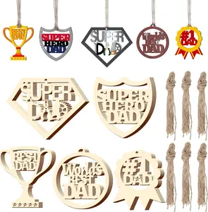 Fathers Day Gift 40Pcs 5 Type Unfinished Wood Crafts Fathers Day DIY Cutouts Dad Birthday Present Gift Tags Wooden Ornaments Paintable Blank Hanging Wood Slices for Kids Art Crafts Party Decor for Daddy