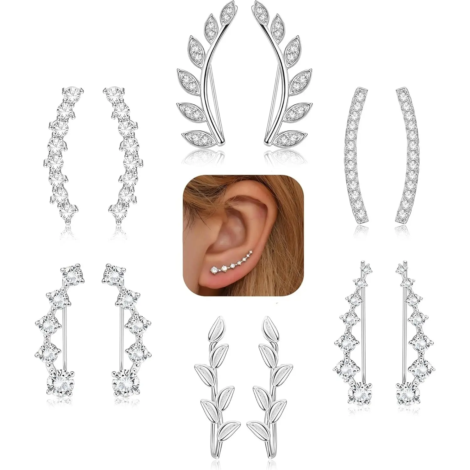 Milacolato Women's 6-Pair Hypoallergenic Fashion Earring Set - CZ, Zircon Stud, Climber Hoop, Arrow Crawler, Ear Cuff Jewelry (Includes Hypoallergenic CZ & Zircon Stud Styles), Hypoallergenic Cz Earrings