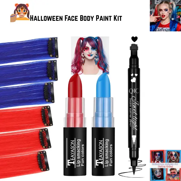 Harley Quinn Makeup Kit for Women | Halloween Face Body Paint Kit, Red & Blue Hair Extensions, Face Paint Stick, Black Eyeliner Stamp, SFX Cosplay Makeup Accessories Costume Set