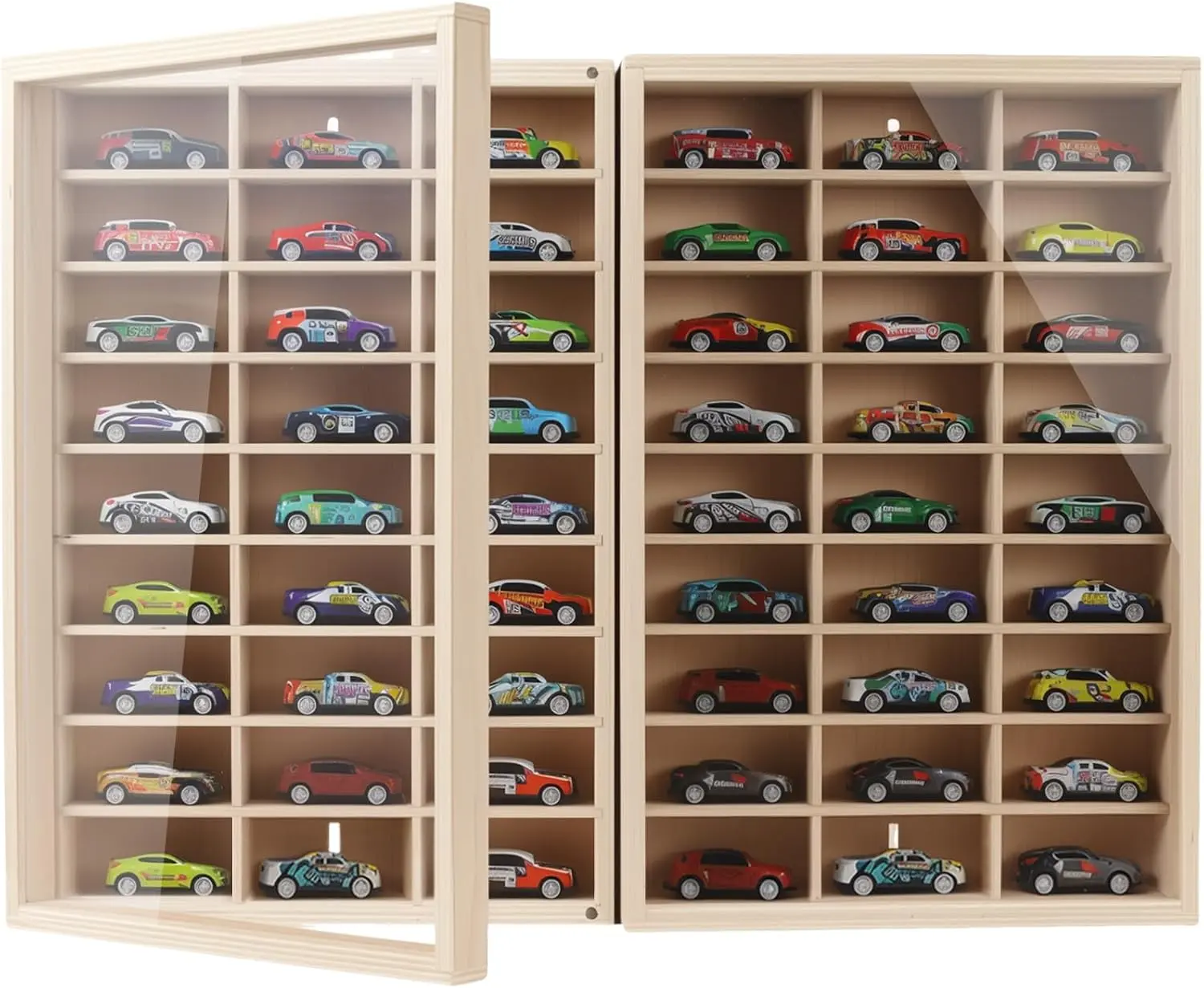 Wooden Wall Mount Display Case for Hot Wheels 54 Space 1/64 Hot Wheels Toy Car Storage Organizer Display Shelf Hotwheels Model Car Wall Displays Storage Case Shelf with Dustproof Acrylic Door