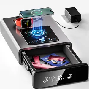 Grimtron Biometric Safe with LED Clock (Doj Certified)with 2-in-1 Watch & Phone Wireless Charging, BacklitKeypad, LED Light, Desk Nightstand Auto Pop-up Unlock(0.23 cu.ft.) Version 2.0