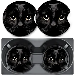 2 Pack Black Cat Car Coasters – Anti-Slip Rubber Cup Holder Inserts 2.75” Universal Size Car Decor Accessories