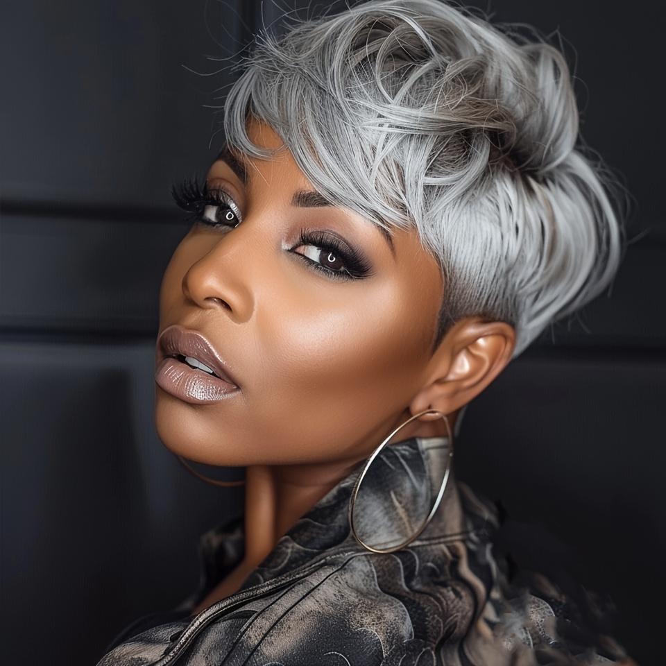 "Women's Chic Pixie Cut Human Hair Wig Ash Grey Balayage Glueless 150% Density Brazilian Remy Hair Layered Bangs Natural Fullness For Daily & Special Events "	
